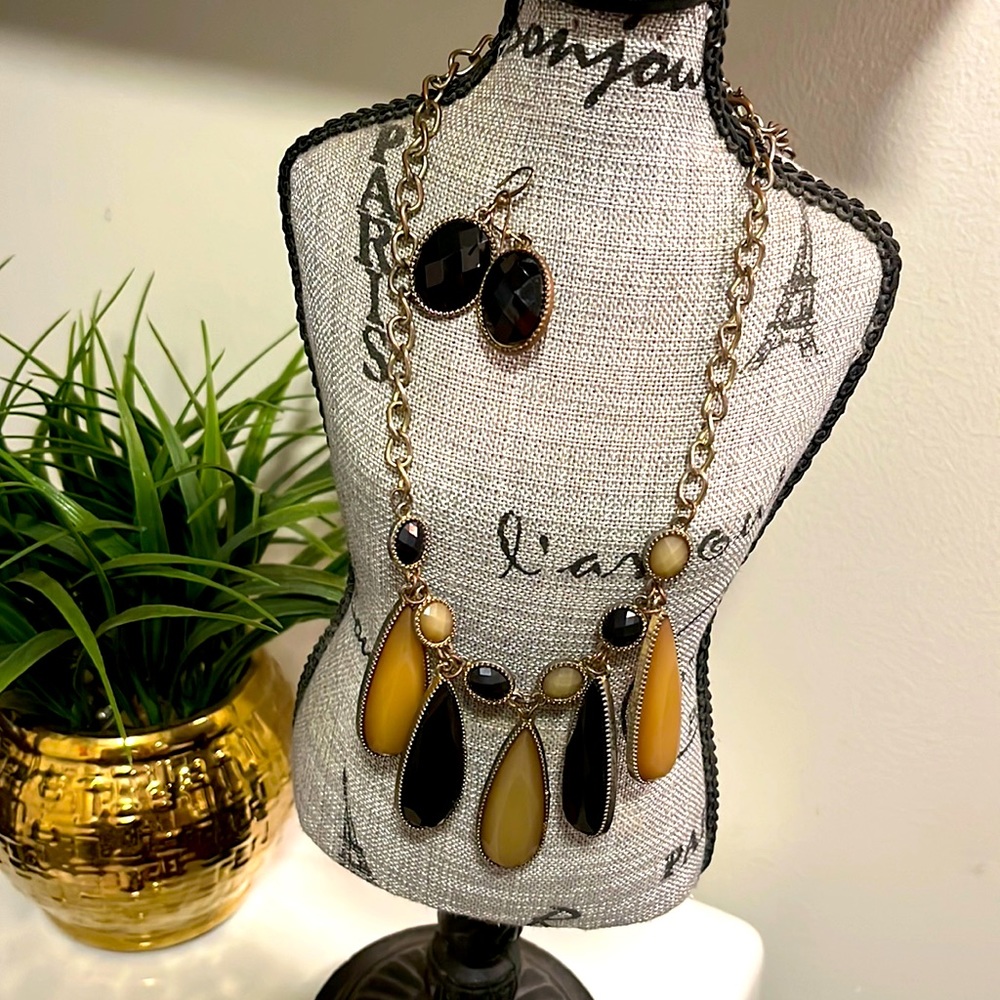 Black Gold and Grey Statement Necklace and Tear Drop Earring Set